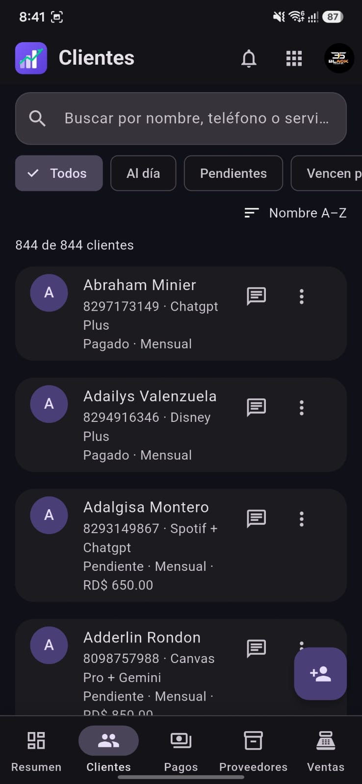 Pantalla Clientes