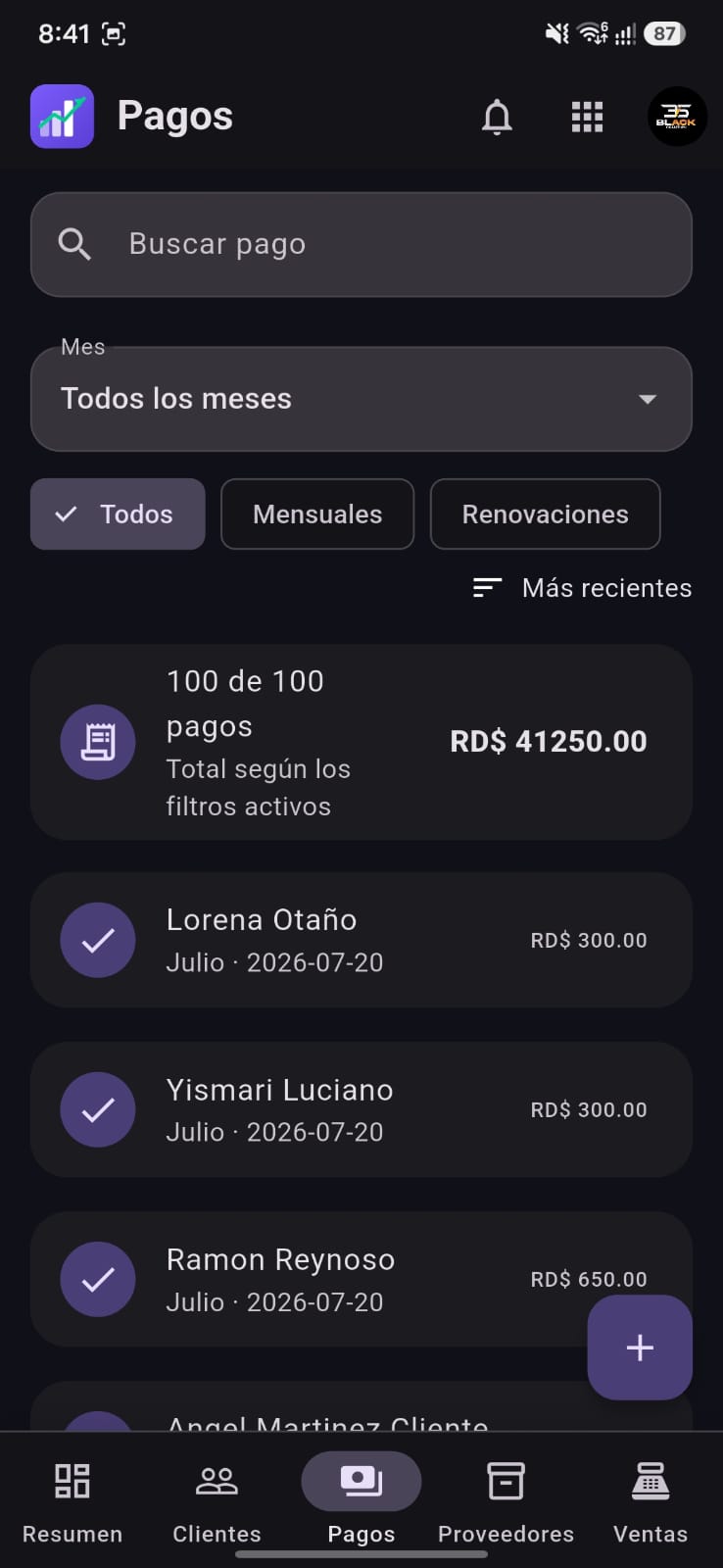 Pantalla Pagos