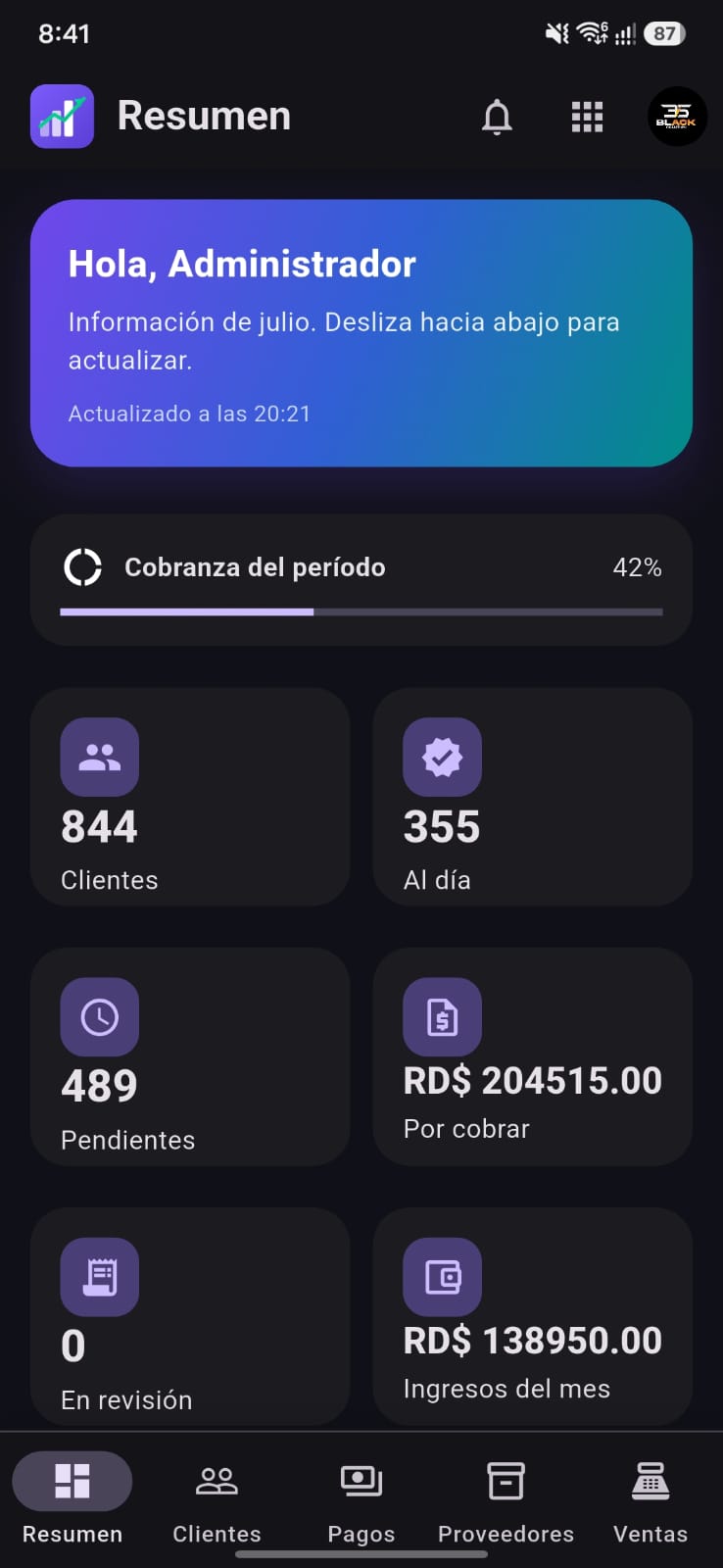 Pantalla Resumen de ClientixApp en Android